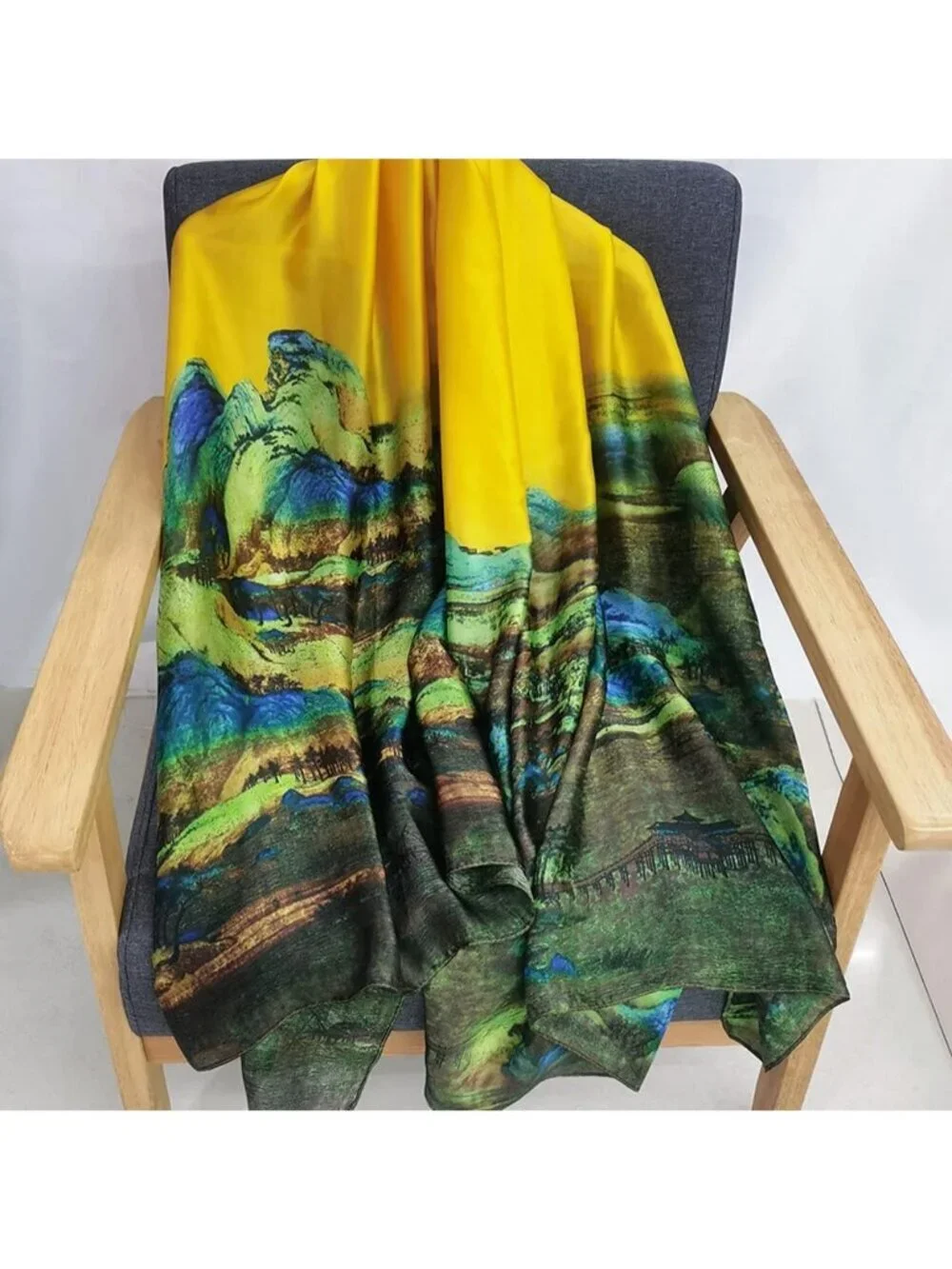 Women's Yellow Lightweight Silk Like Scarves Flower Print Head Cotton Wrap Scarf